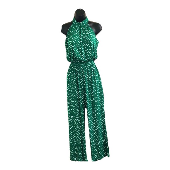 EnFocus studio Green white polka dot smocked waist halter jumpsuit size 6 new - Picture 1 of 16